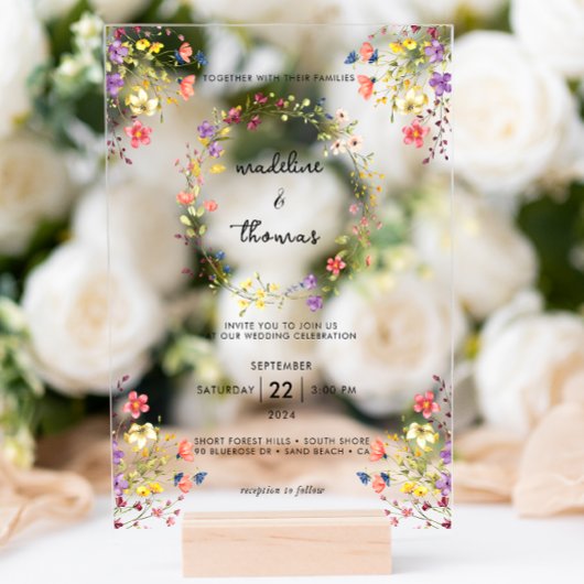 Whimsical Charm Wild Blume Wreath Foto Hochzeit Acryleinladungen