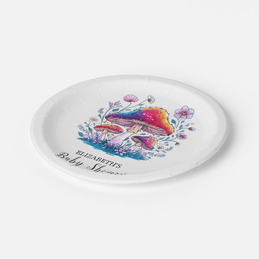 Whimsical Charming Mushroom Baby Dusche Pappteller (Schrägansicht)