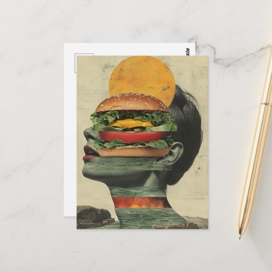 Whimsical Cheeseburger Fantasy Portrait Design Postkarte (Vorderseite/Rückseite Beispiel)