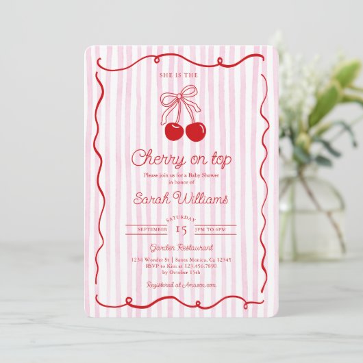 Whimsical Cherry auf Top Baby Shower Girl Einladung (Stehend Vorderseite)