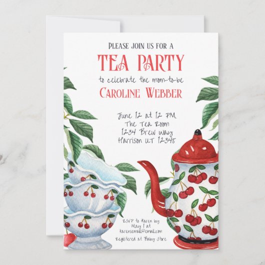 Whimsical Cherry Tee Party Dusche Einladung (Vorderseite)