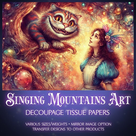 Whimsical Cheshire Cat In Tree And Alice Decoupage Seidenpapier