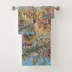 Whimsical Chic Blumen Garten Aquarellmalerei  Badhandtuch Set