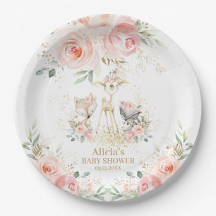 Whimsical Chic Blush Pink Floral Woodland Tiere Pappteller