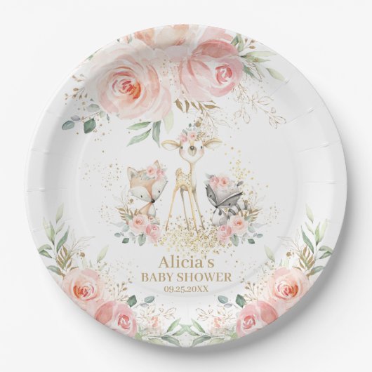 Whimsical Chic Blush Pink Floral Woodland Tiere Pappteller (Vorderseite)