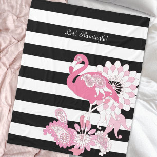 Whimsical Chic Rosa Flamingo Schwarz & Weiß Gestre Fleecedecke