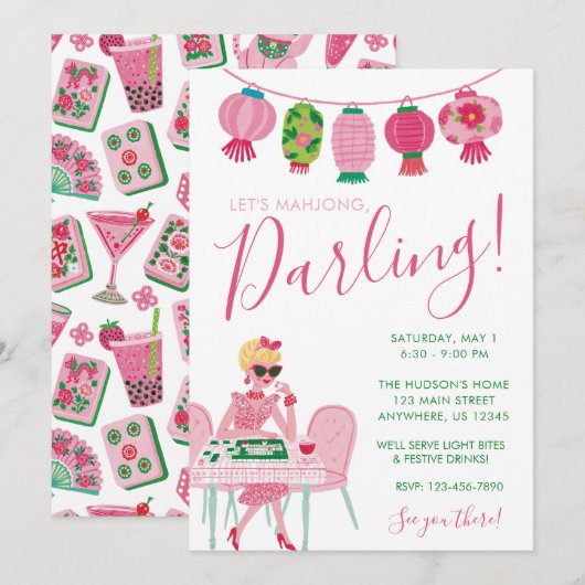 Whimsical Chic Rosa & Grün Mahjong-Party Einladung (Vorne/Hinten)