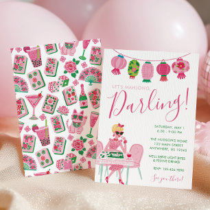 Whimsical Chic Rosa & Grün Mahjong-Party Einladung