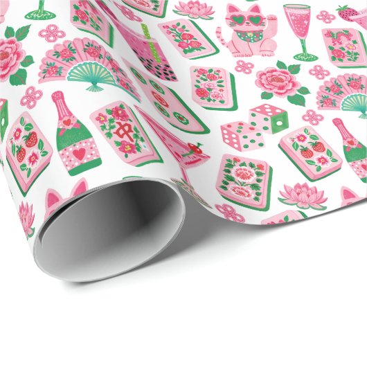 Whimsical Chic Rosa & Grün Mahjong-Party Geschenkpapier (Rolleneckpunkt)
