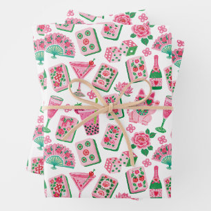 Whimsical Chic Rosa & Grün Mahjong-Party Geschenkpapier Set