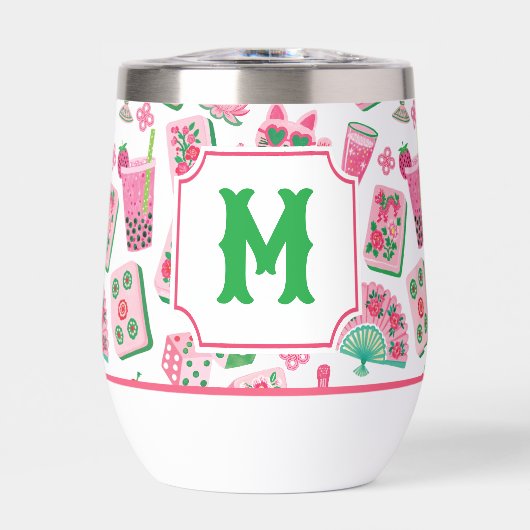 Whimsical Chic Rosa & Grün Mahjong Party Monogramm (Vorderseite)