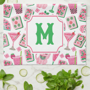 Whimsical Chic Rosa & Grün Mahjong Party Monogramm Geschirrtuch