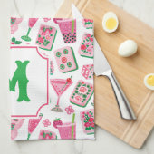 Whimsical Chic Rosa & Grün Mahjong Party Monogramm Geschirrtuch (Viertel Falte)