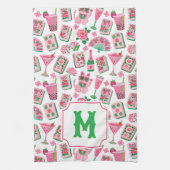Whimsical Chic Rosa & Grün Mahjong Party Monogramm Geschirrtuch (Vertikal)
