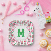 Whimsical Chic Rosa & Grün Mahjong Party Monogramm Pappteller (Party)