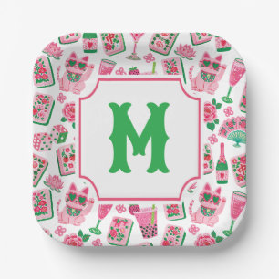 Whimsical Chic Rosa & Grün Mahjong Party Monogramm Pappteller