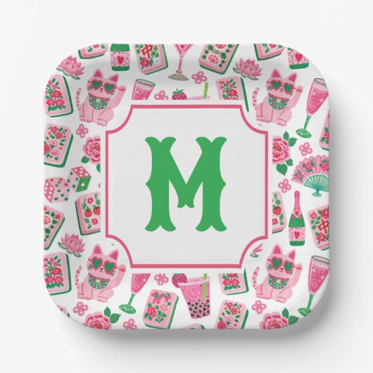 Whimsical Chic Rosa & Grün Mahjong Party Monogramm Pappteller (Vorderseite)