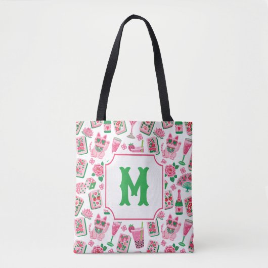 Whimsical Chic Rosa & Grün Mahjong Party Monogramm Tasche (Vorderseite)