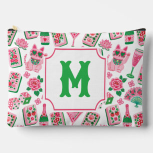 Whimsical Chic Rosa & Grün Mahjong Party Monogramm Zubehörtasche