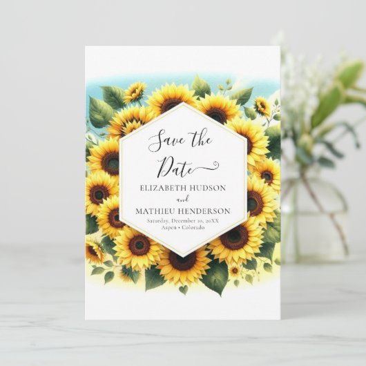Whimsical Chic Sunflower Wedding Save The Date (Stehend Vorderseite)