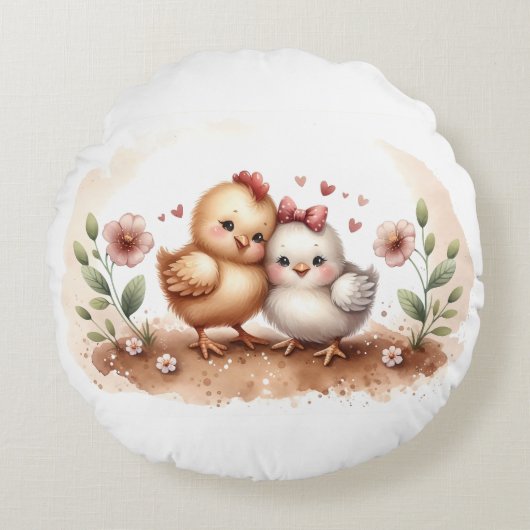 Whimsical Chick Duo Cottagecore Watercolor Rundes Kissen (Vorderseite)