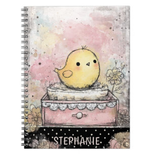 Whimsical Chick Florale Wasserfarben-Kunst Notizblock