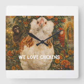 Whimsical Chicken Clock Quadratische Wanduhr