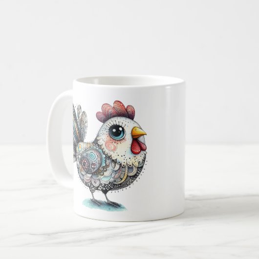 Whimsical Chicken oder Rooster Folklorekunst Kaffeetasse (Vorderseite Links)
