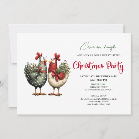 Whimsical Chickens Cartoon Christmas Party Invites Einladung (Vorderseite)
