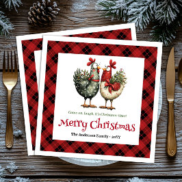 Whimsical chickens Christmas napkins editable name Serviette