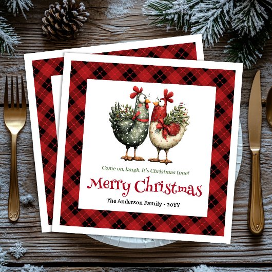 Whimsical chickens Christmas napkins editable name Serviette