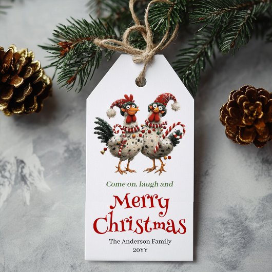 Whimsical Chickens Christmas Tag Cartoon Style Geschenkanhänger