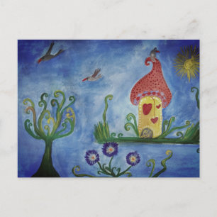 Whimsical Child Illustration Liebe House Postcard Postkarte