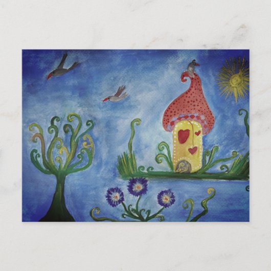 Whimsical Child Illustration Liebe House Postcard Postkarte (Vorderseite)