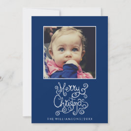Whimsical Christmas Blue Calligraphy Swirl Foto Feiertagskarte