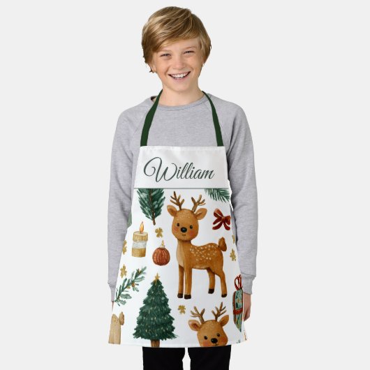 Whimsical Christmas Deer | Custom Name Kids Apron Schürze (Getragen)