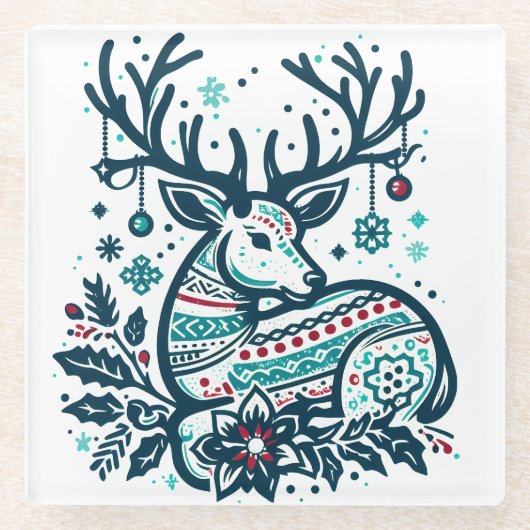 Whimsical Christmas Deer Vector Clipart - Festive Glasuntersetzer (Vorderseite)