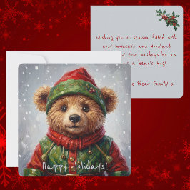 Whimsical Christmas Elf Teddy Bear Painterly Style Feiertagskarte