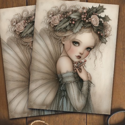 Whimsical Christmas Fairy Holly & Berry Decoupage Seidenpapier