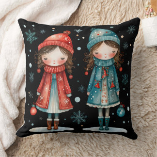 Whimsical Christmas Girls in the Snow Throw Pillow Kissen