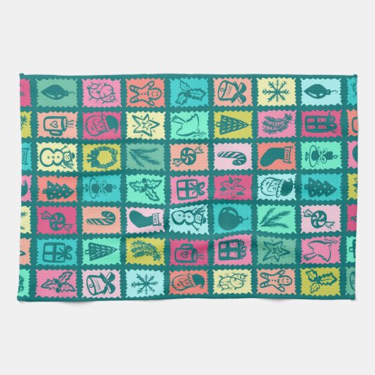 Whimsical Christmas Grid Cute Bright Holiday Geschirrtuch (Horizontal)