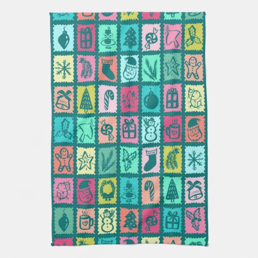 Whimsical Christmas Grid Cute Bright Holiday Geschirrtuch (Vertikal)