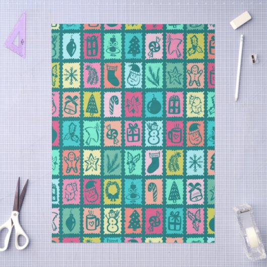 Whimsical Christmas Grid Cute Bright Holiday Seidenpapier (Basteln)