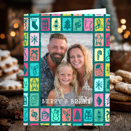 Whimsical Christmas Grid Cute Custom PHOTO Message Karte