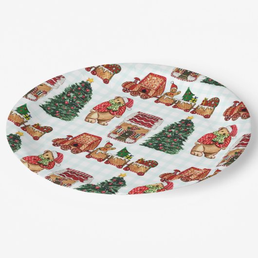 Whimsical christmas pattern with bears, trees, and pappteller (Schrägansicht)