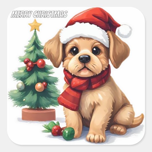 Whimsical Christmas Puppy Sticker | "Merry Christm (Vorderseite)