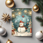 Whimsical Christmas Snowman in Winter Forest Karte