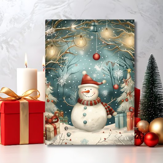 Whimsical Christmas Snowman in Winter Forest Karte