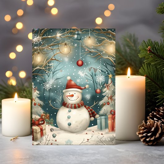 Whimsical Christmas Snowman in Winter Forest Karte