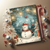 Whimsical Christmas Snowman in Winter Forest Karte